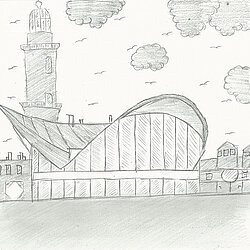 Schwarz-weiße Linienzeichnung eines Gebäudes mit einem hohen Turm und einem gewölbten Dach, umgeben von Bäumen und Wasser im Vordergrund.