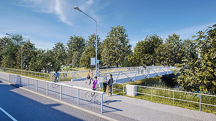 Fußgänger und Radfahrer auf einer modernen Brücke mit Geländer und Bäumen im Hintergrund