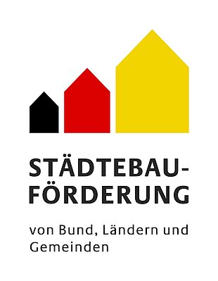 Logo der Städtebauförderung mit drei stilisierten Häusern in Schwarz, Rot und Gelb und dem Text Städtebauförderung von Bund, Ländern und Gemeinden.