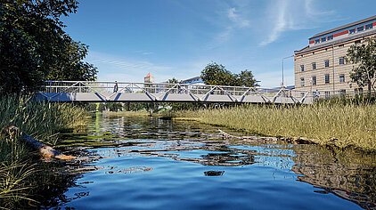 Fußgängerbrücke über einen Wassergraben, von Pflanzen und Gebäuden im Hintergrund