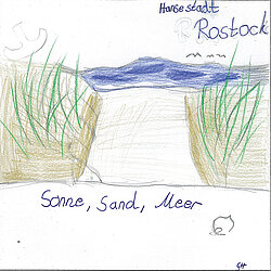 Bunte Skizze eines Flussufers mit Wasser, Sand und Vegetation, beschriftet mit 'Sorex, Sand, Meer' und 'Rostock'.