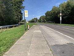 Bushaltestelle mit Weg neben einer Straße mit Bäumen.