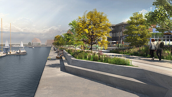 Visualisierung: Uferpromenade mit Bäumen, Spaziergängern und Segelbooten im Hafen an einem bewölkten Tag