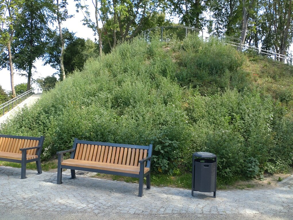 Blick auf zwei leere Holzbänke mit Metallgestell und viel grün im Hintergrund.