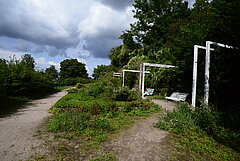 Grüne Landschaft mit zwei sitzenden Personen auf einer Parkbank.
