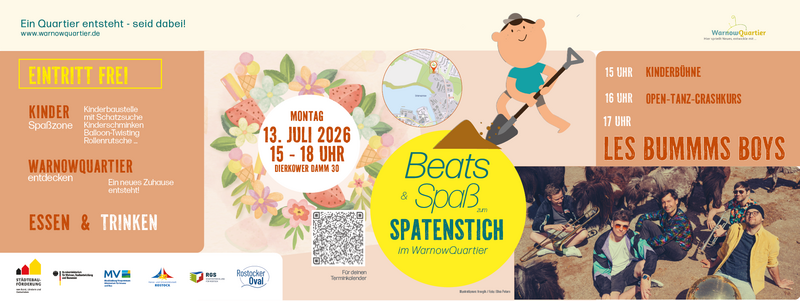 Veranstaltungsankündigung mit Datum, Uhrzeit, Programmübersicht, QR-Code und Foto einer Band auf der rechten Seite