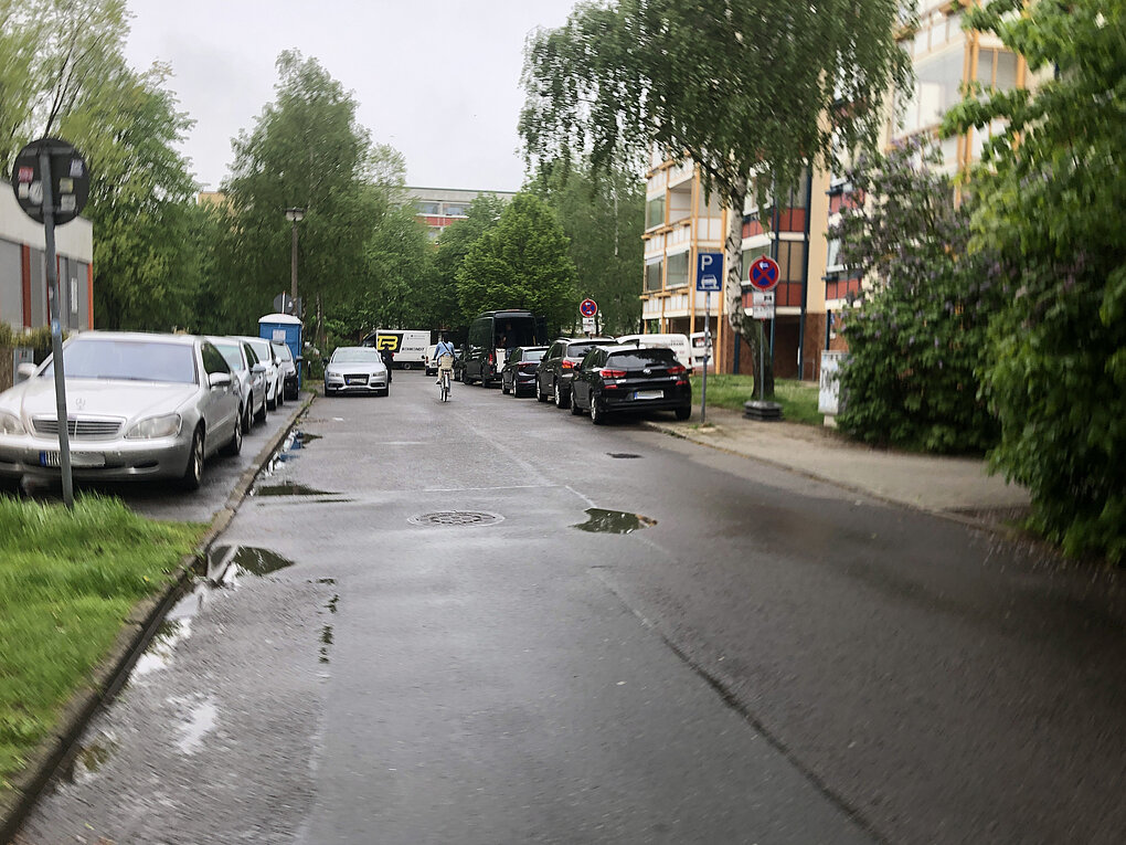 Blick auf eine regennasse Straße mit parkenden Autos beidseitig. Bäume und Gebäude im Hintergrund sind sichtbar.