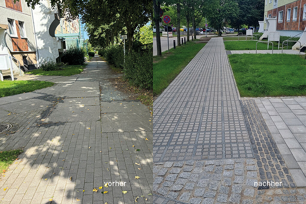 Zweigeteiltes Bild zeigt links einen unebenen Gehweg mit Rissen und Schatten, rechts einen neu gepflasterten, ebenen Gehweg mit taktilen Pflastersteinen und angrenzendem Rasen