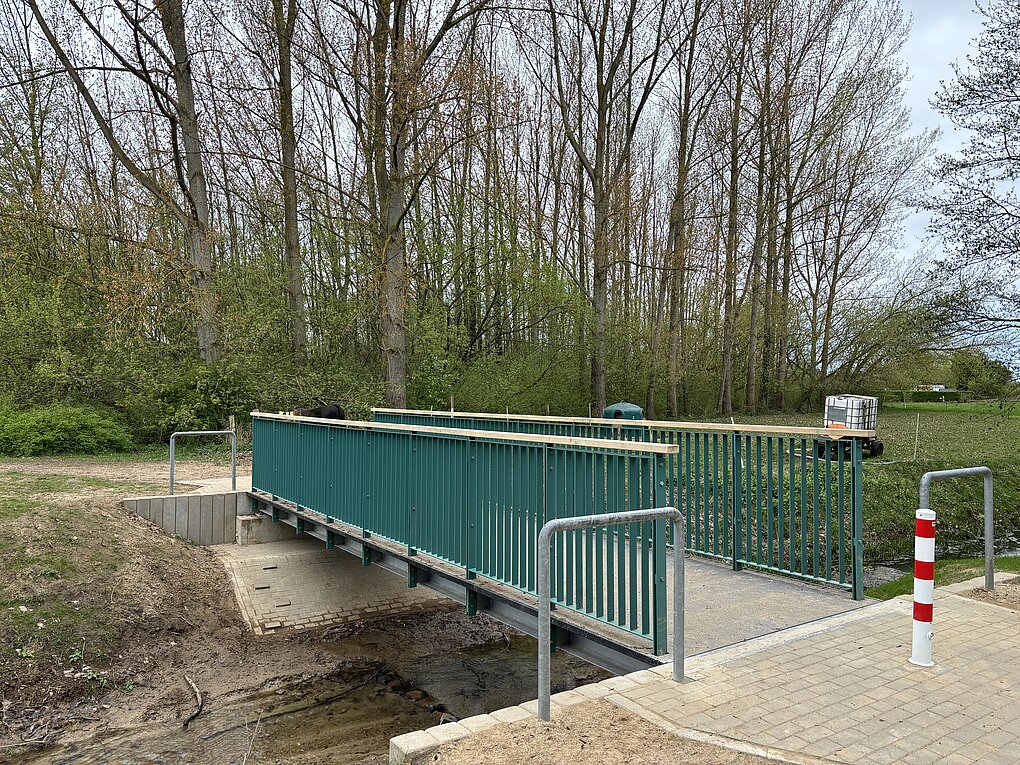 Grüne Fußgängerbrücke über einen kleinen Bach mit Bäumen im Hintergrund.
