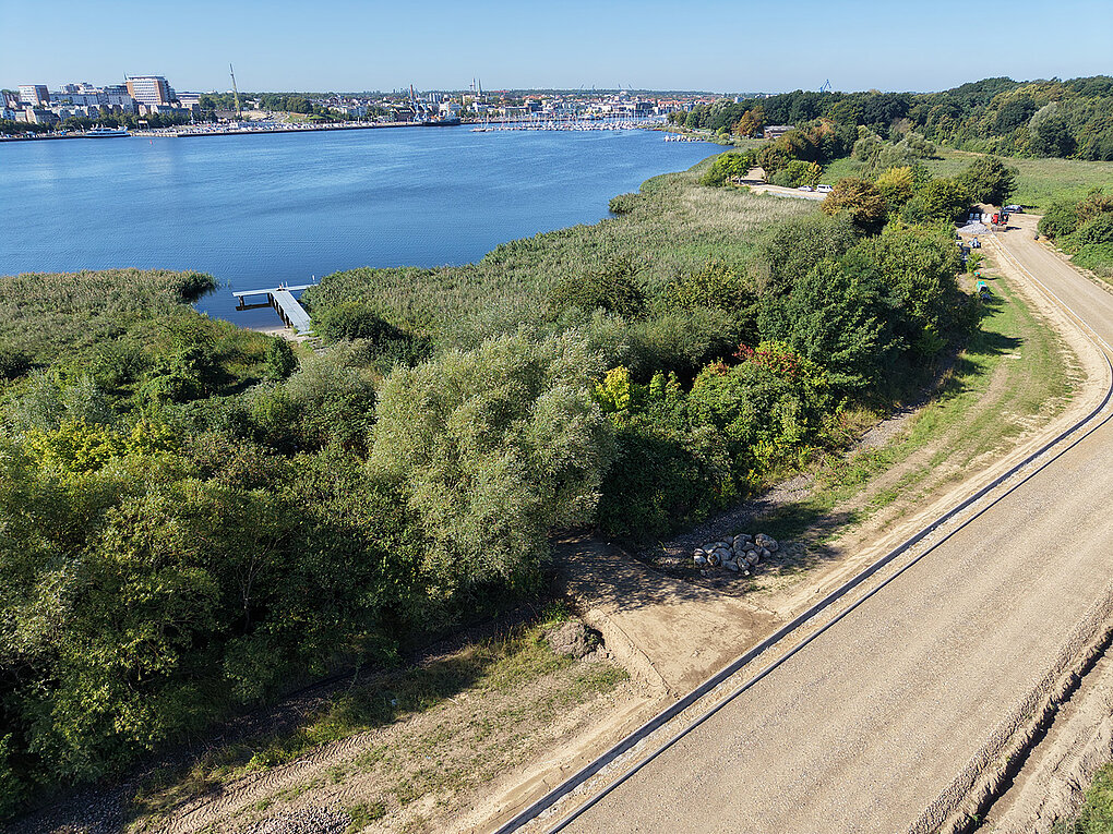 Luftaufnahme eines Uferbereichs mit dichtem Grün, einem Steg im Wasser und einem unbefestigten Weg rechts