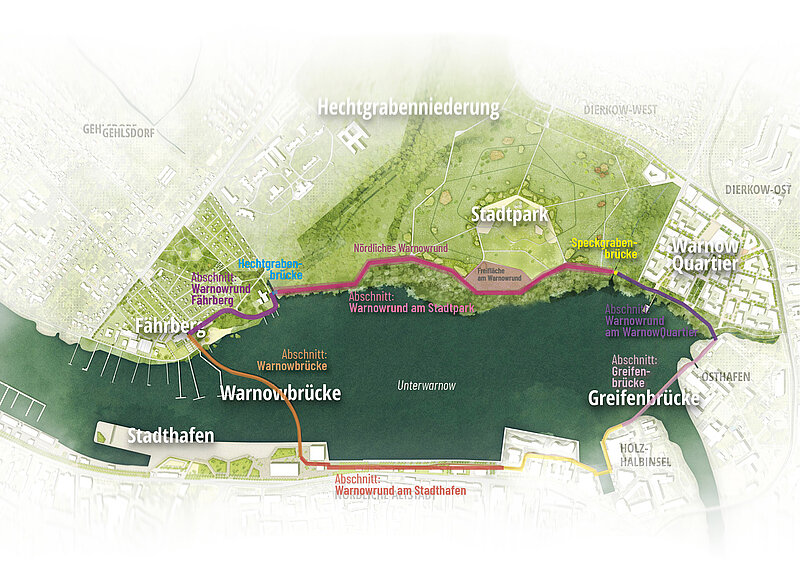 Karte des Warnow-Rundwegs mit markierten Abschnitten, Brücken und Stadtteilen entlang eines Flusslaufs