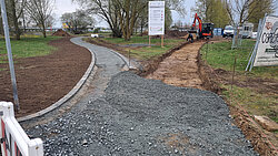 Baustelle mit zwei Wegen, einer mit Schotter bedeckt, der andere mit Erde, Bagger und Arbeiter im Hintergrund