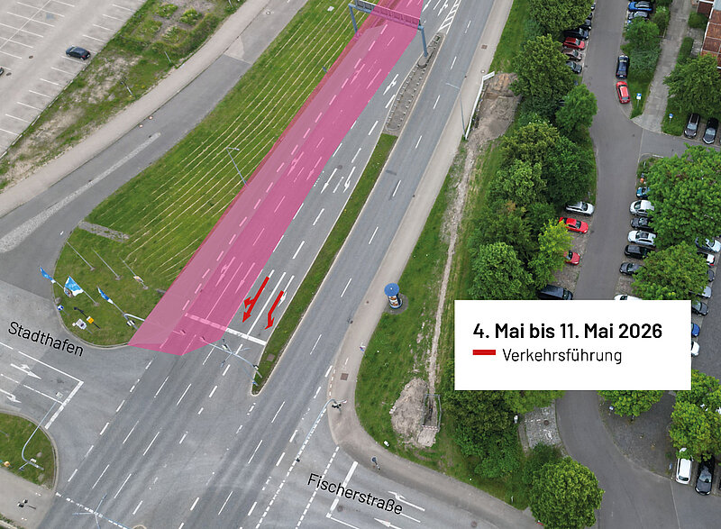 Luftaufnahme der Straßenkreuzung mit markierter geänderter Verkehrsführung vom 4. bis 11. Mai 2026