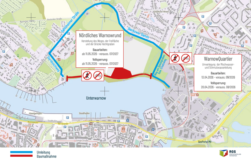 Kartenausschnitt mit Umleitungsstrecken um den Warnowsee, markiert in Blau und Rot, mit Hinweisen zu Bauarbeiten und Vollsperrungen im nördlichen Warnowrand und WarnowQuartier