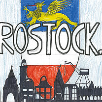Wappen mit einem gelben Greif auf blauem Hintergrund über dem Schriftzug 'ROSTOCK' und einer schwarzen Stadtsilhouette vor rot-weißem Hintergrund.