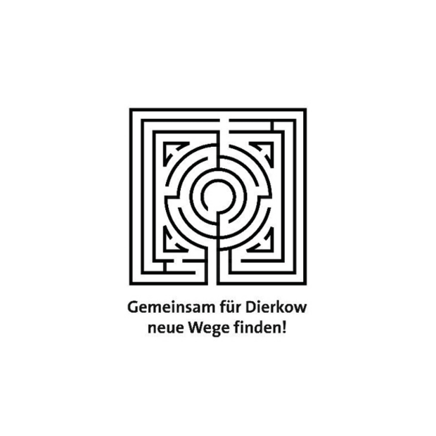 Logo des Satdtteils Dierkow mit einem schwarz weißen Labyrinth und dem Text Gemeinsam für Dierkow neue Wege gehen.