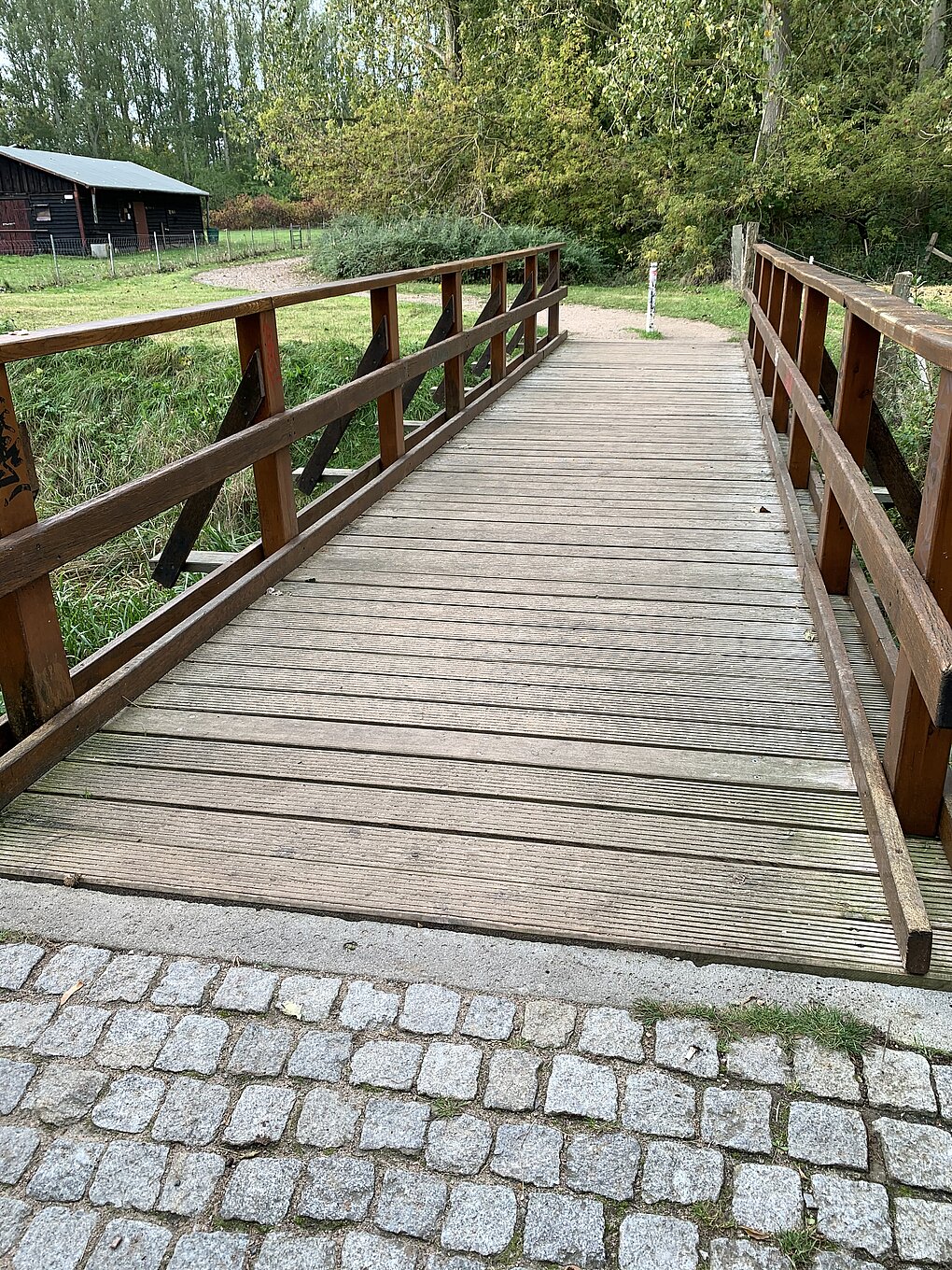 Holzbrücke mit grüner Vegetation im Hintergrund.