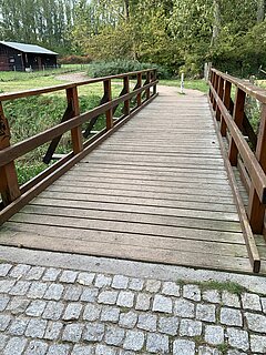 Holzbrücke mit grüner Vegetation im Hintergrund.