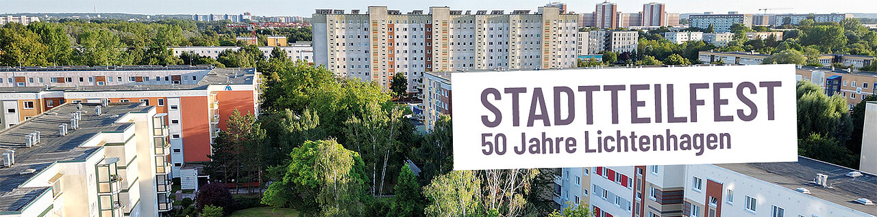Plakat mit Aufschrift Stadtteilfest - 50 Jahre Lichtenhagen.