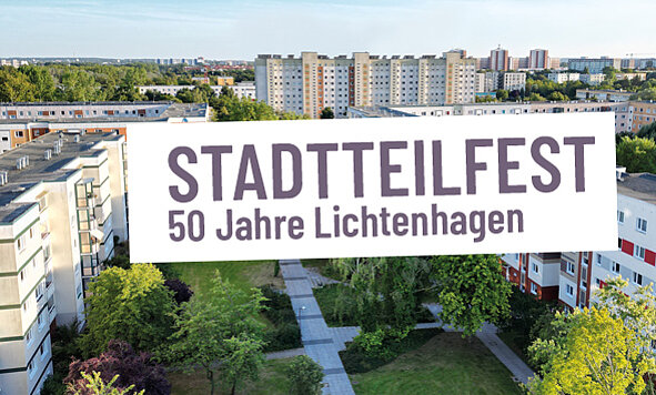 Plakat mit Aufschrift Stadtteilfest - 50 Jahre Lichtenhagen.