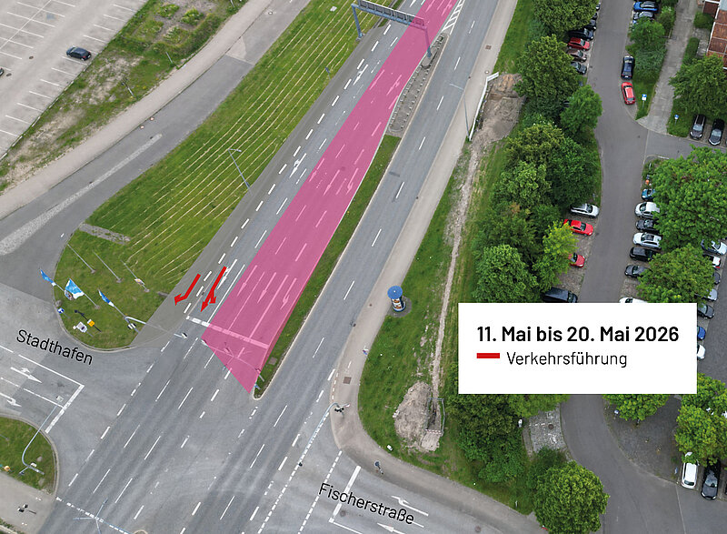 Luftaufnahme der Straßenkreuzung mit markierter geänderter Verkehrsführung vom 11. bis 20. Mai 2026