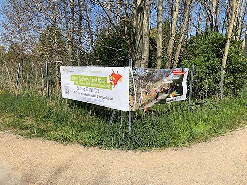 Banner für den Tag der Städtebauförderung am 10. Mai 2025 im Grünen mit Bäumen und Gras