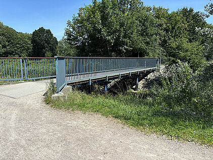 Schmale Fußgängerbrücke mit blauem Geländer über einen kleinen Wassergraben in einer grünen Landschaft
