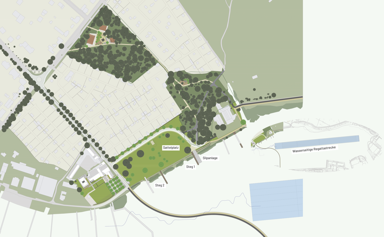 Lageplan mit Wegen, Grünflächen, Gebäuden und Wasserflächen in einer Landschaft
