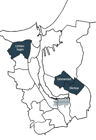 Auf Rostocks Stadtplan sind die Gebiete Lichtenhagen, Dierkow, Toitenwinkel und das Stadtzentrum farblich gekennzeichnet. Diese Gebiete profitieren von Programmen der Städtebauförderung.