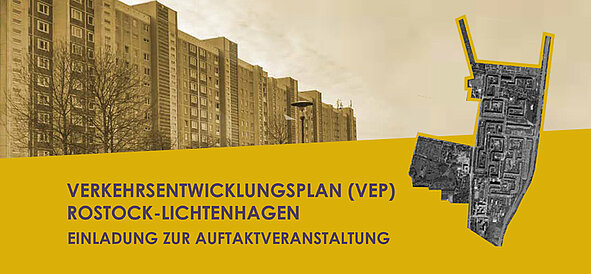 Plakat mit Aufschrift Verkehrsentwicklungsplan Rostock-Lichtenhagen.