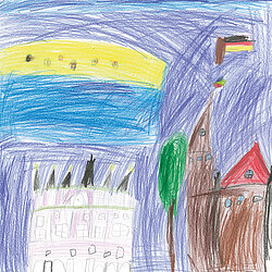 Bunte Kinderzeichnung mit einer weißen Torte, einem Baum, einem Gebäude mit rotem Dach und einem Fahnenmast mit deutscher Flagge vor blau-gelbem Himmel.