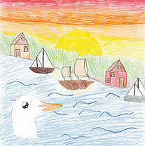 Kinderzeichnung mit Sonnenaufgang, zwei Häusern, mehreren Segelbooten auf dem Wasser und einem großen weißen Vogelkopf im Vordergrund