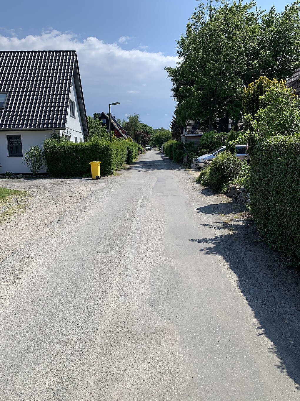 Kaputte Straße zwischen Häusern mit Bäumen und Sträuchern an der Seite unter bewölktem Himmel.