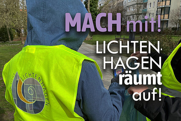 Person trägt eine gelbe Warnweste mit Aufdruck MACH mit! LICHTEN HAGEN räumt auf!