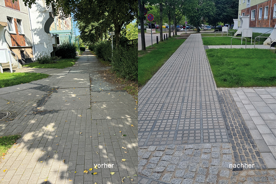 Zweigeteiltes Bild zeigt links einen unebenen Gehweg mit Rissen und Schatten, rechts einen neu gepflasterten, ebenen Gehweg mit taktilen Pflastersteinen und angrenzendem Rasen